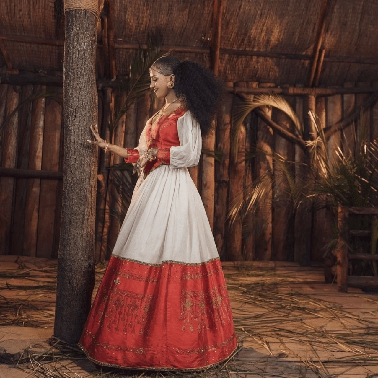 Regal Red Modern Habesha Dress: Corset Designed with Golden Detailing Ethiopian Traditional Dress Beautiful Habesha Kemis