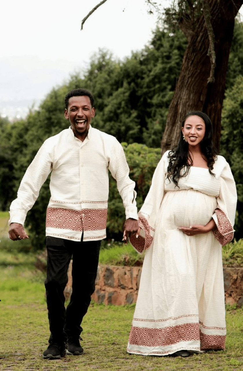 Timeless Elegance in Cream and Red Matching Habesha Attire