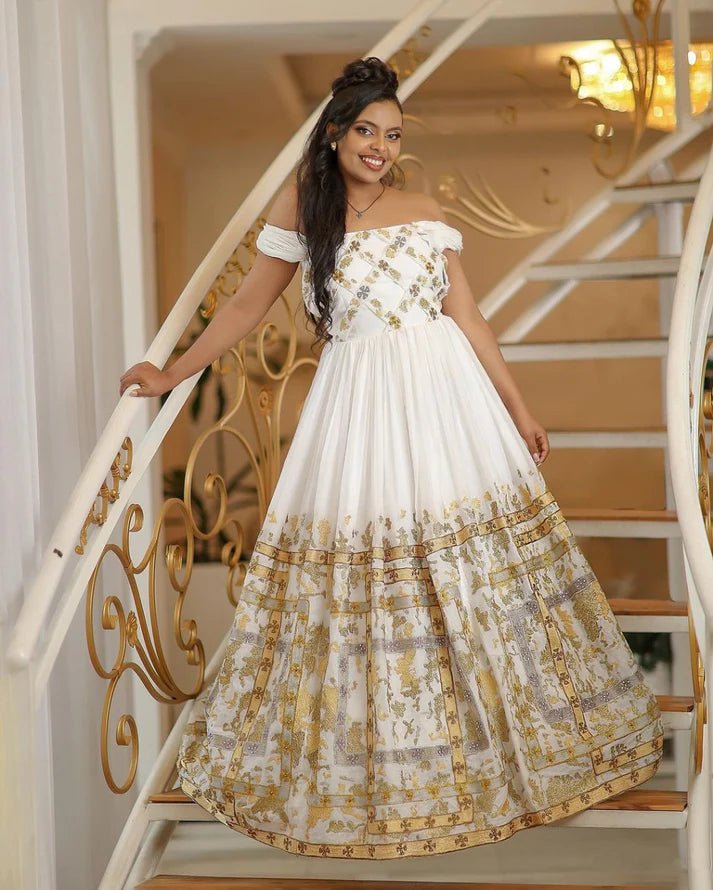 Charming Golden Off-Shoulder Ethiopian Wedding Dress: Breathtaking Multiple Ornaments Habesha Wedding Dress Glamourous Habesha Kemis XS Charming Golden Off-Shoulder Ethiopian Wedding Dress: Breathtaking Multiple Ornaments Habesha Wedding Dress Glamourous Habesha Kemis XS