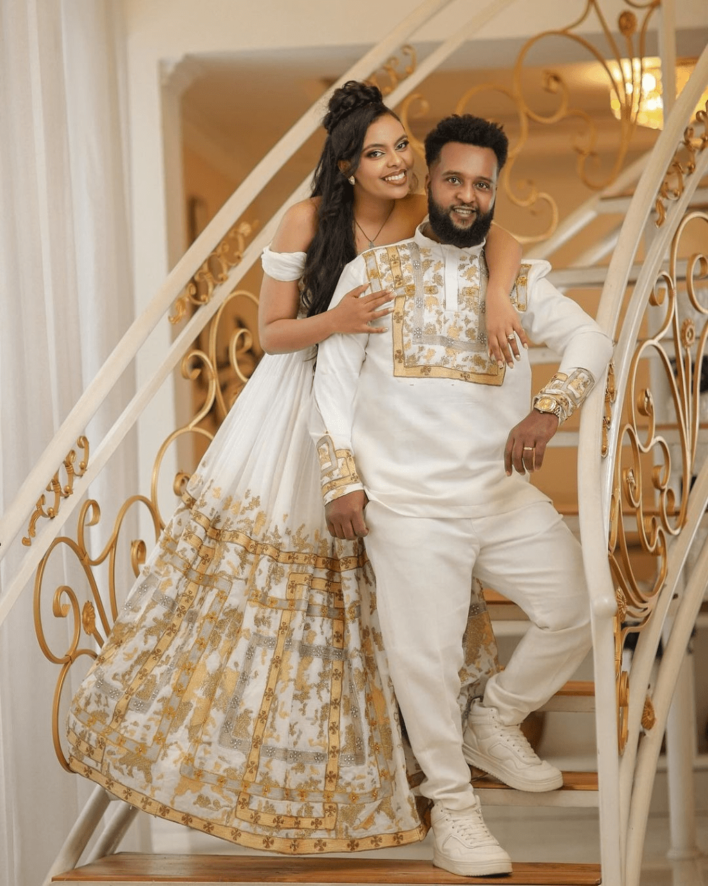 Shimmering Golden Ethiopian Traditional Couples Outfit: Elegant Look with Your Beloved in Matching Habesha Attire