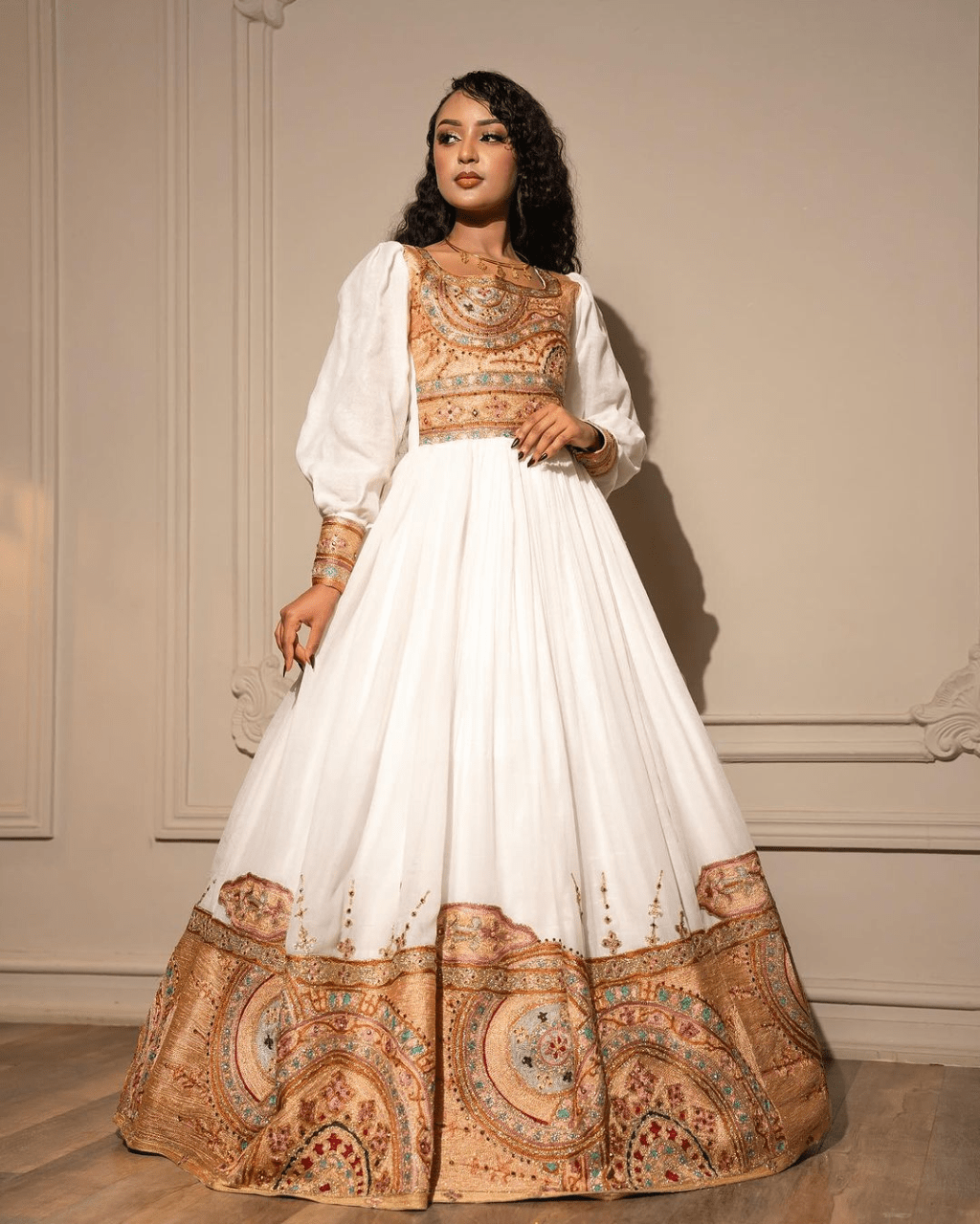 Intricate Golden Embroidery on Habesha Dress