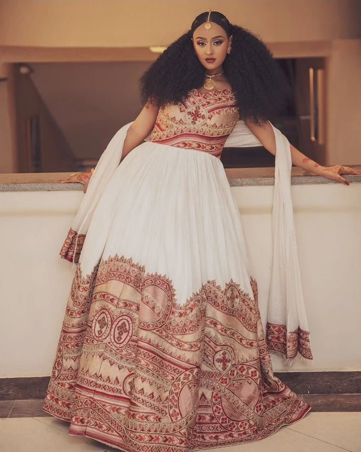 Blazing Hot Red Habesha Wedding Dress: Intricate Wide Embroidery on Traditional Ethiopian Wedding Attire