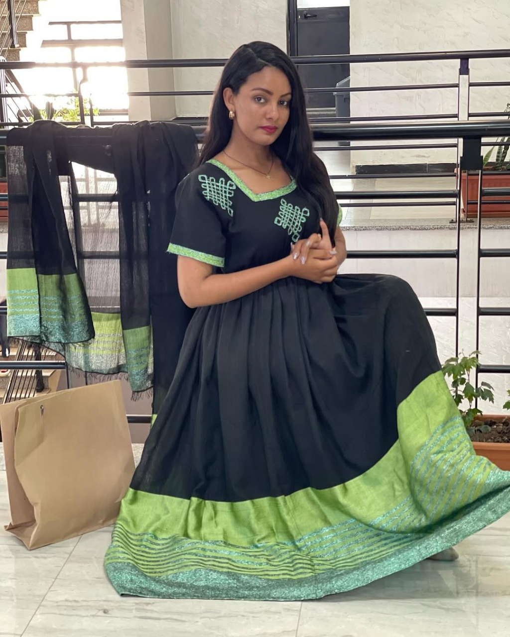 Unique Black with Lemon Green Habesha Dress: with Cross Stitched Embroidery Ethiopian Traditional Dress Beautiful Eritrean Clothing