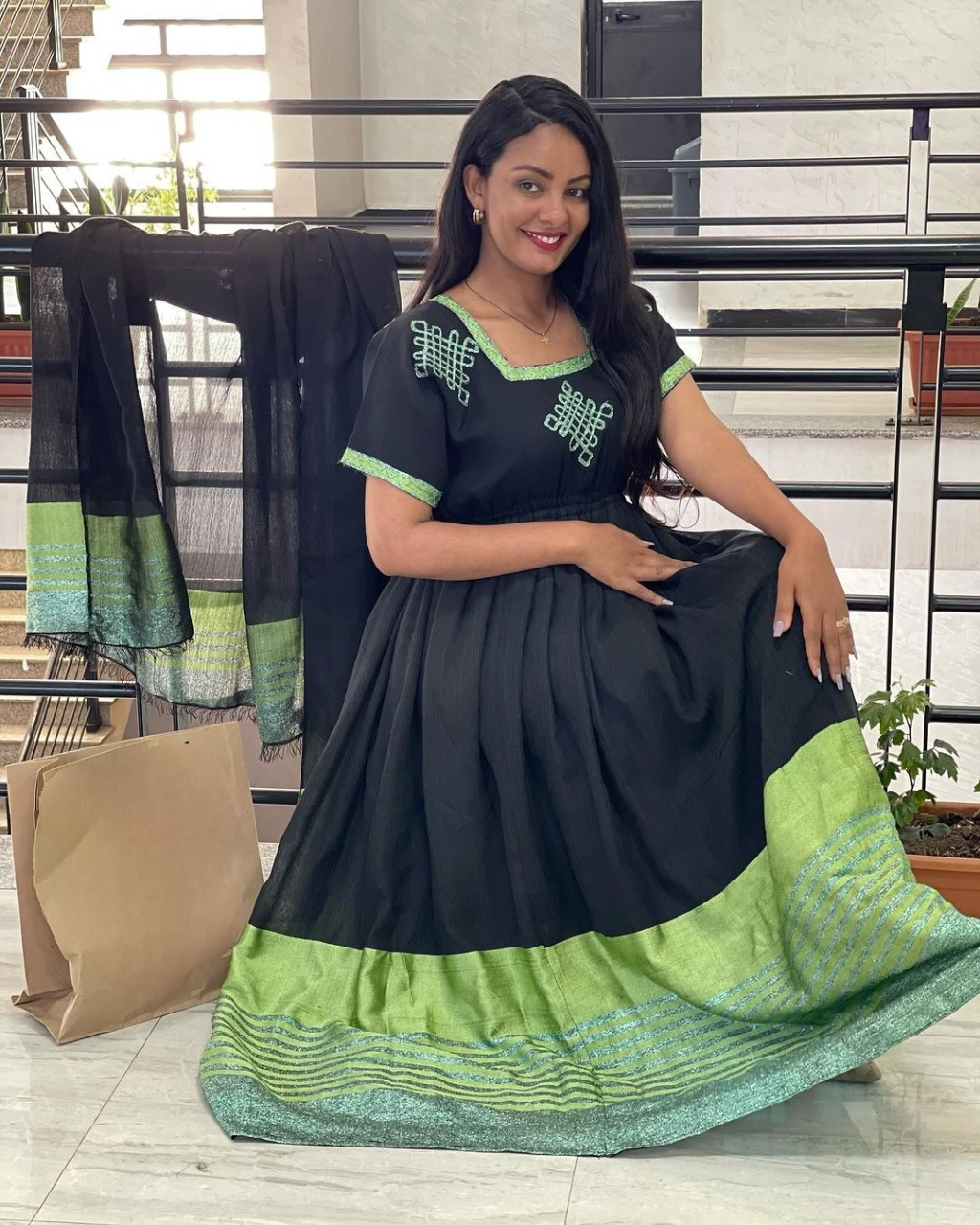 Unique Black with Lemon Green Habesha Dress
