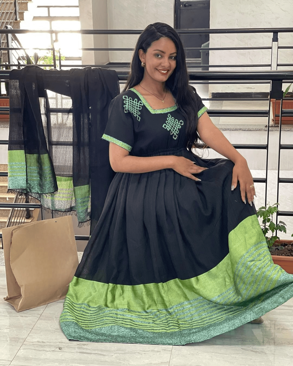 Unique Black with Lemon Green Habesha Dress