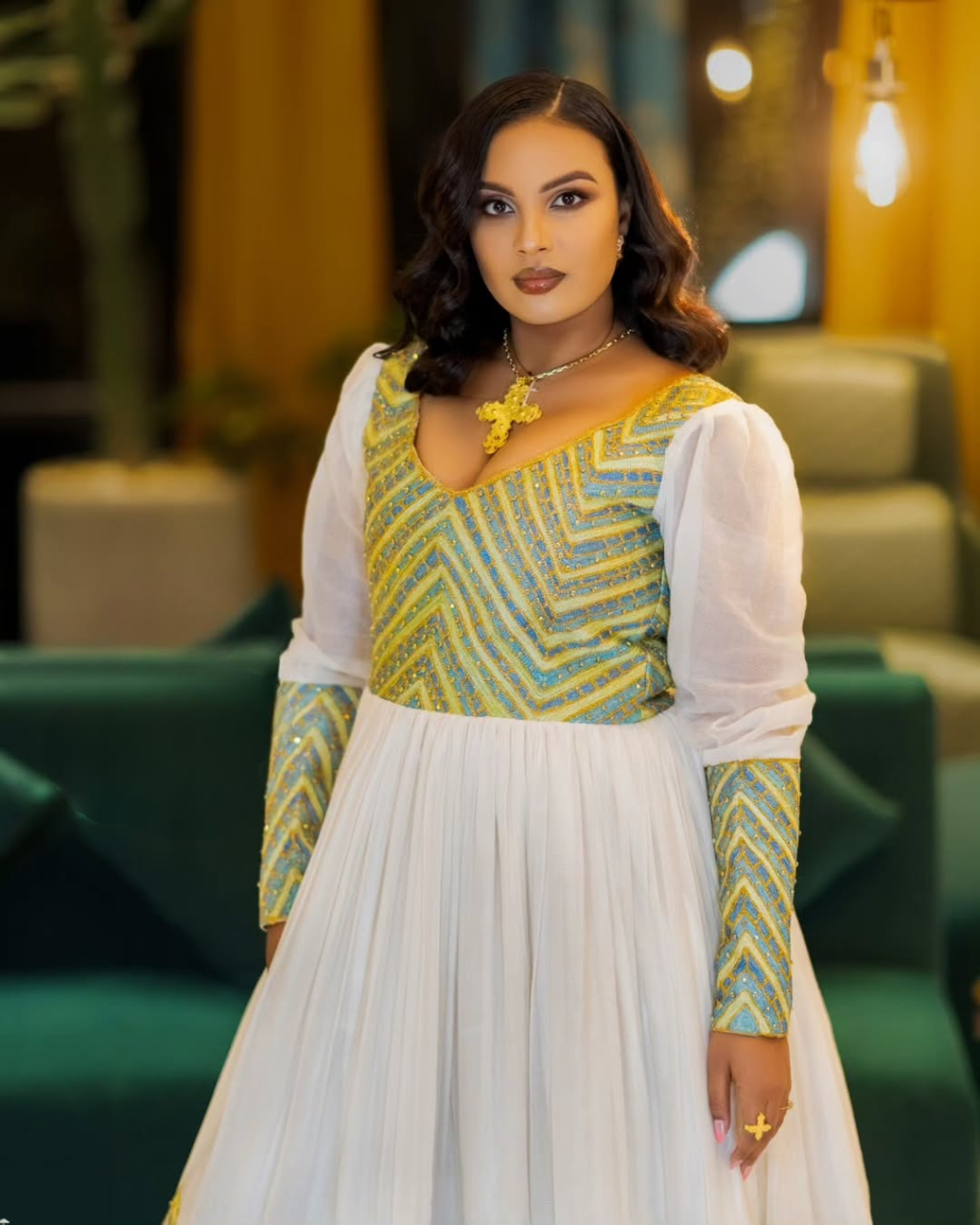 Charming Green Traditional Ethiopian Dress Closeup