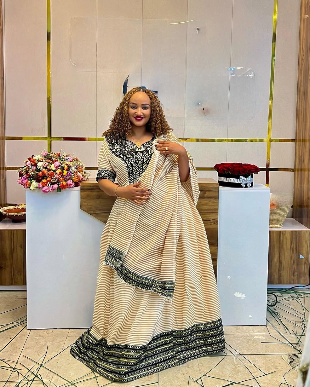Ease Fit Beige Habesha Dress: with Dark Cultural Embroidery Ethiopian Traditional Dress for Celebrations Eritrean Clothing