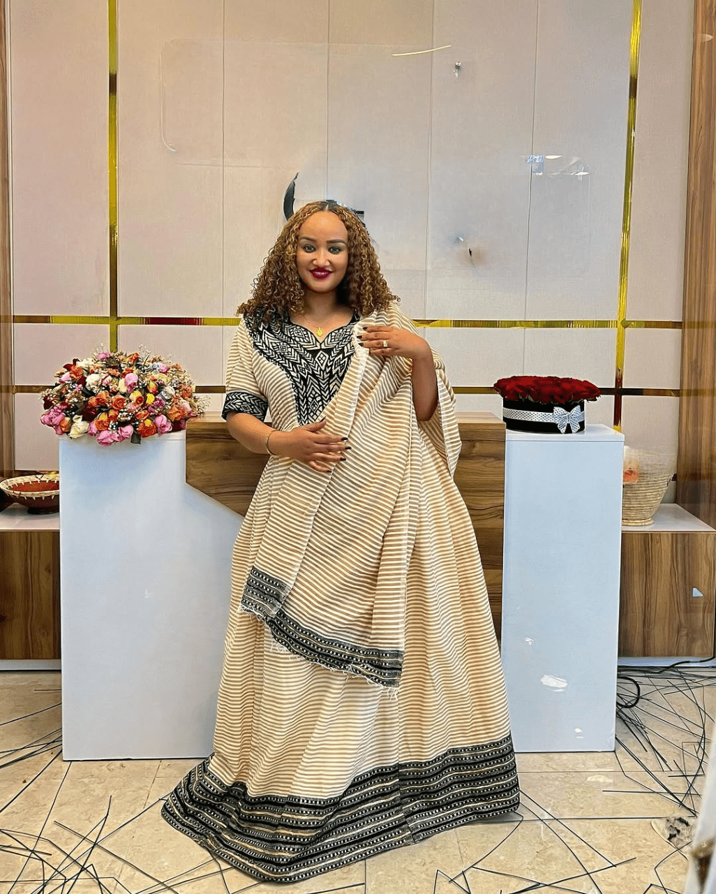 Ease Fit Beige Habesha Dress: with Dark Cultural Embroidery Ethiopian Traditional Dress for Celebrations Eritrean Clothing