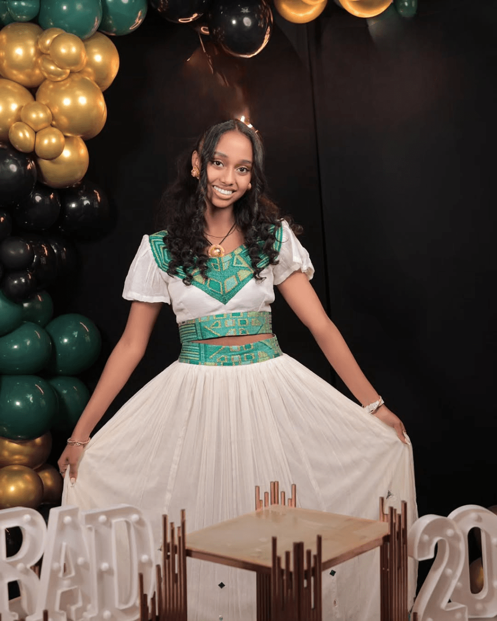 Finesse Green Crop Top and Skirt Habesha Outfit: Beautifully Beaded Traditional Ethiopian Dress Chic Habesha Kemis