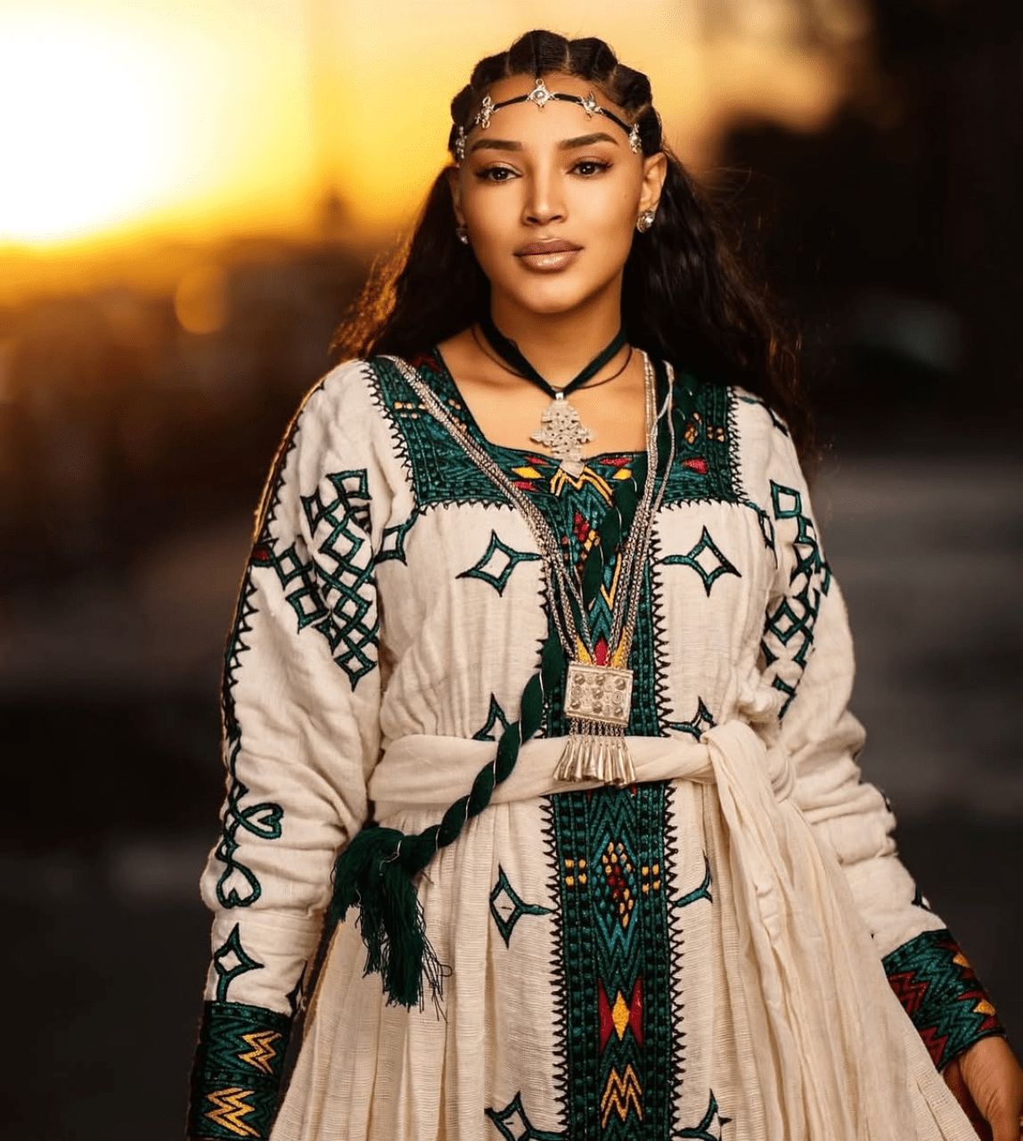 Cultural Designs on Ethiopian Dress: with Dark Embroidery Cross Eritrean Dress for Traditional Ceremonies Habesha Kemis