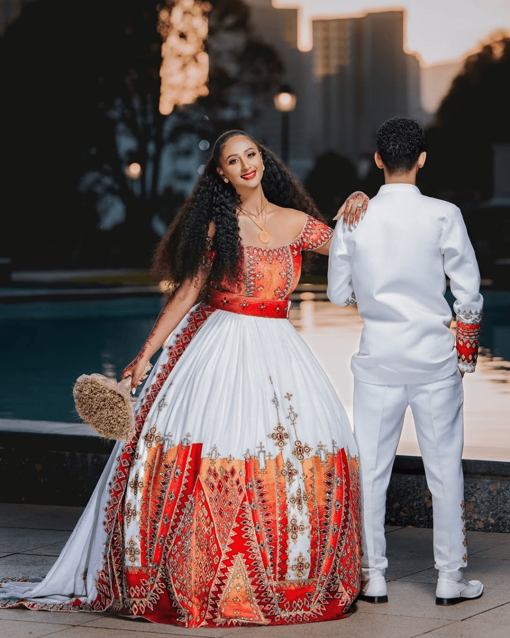 Breathtaking Red Habesha Couples Wedding Outfit: Golden Beaded Shimmering Matching Ethiopian Couples Attire