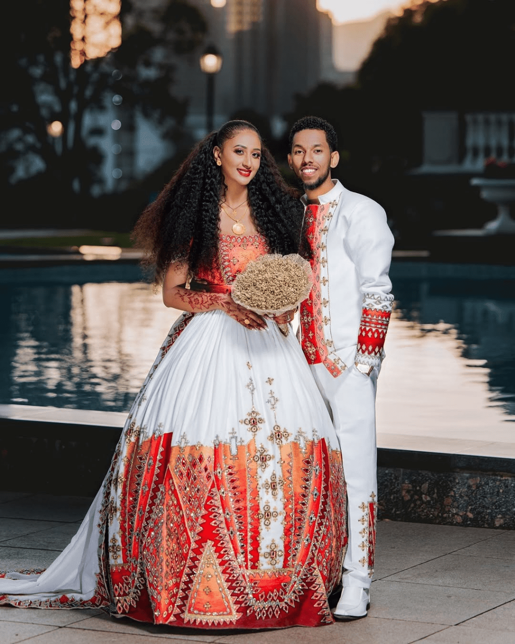 Breathtaking Red Habesha Couples Wedding Outfit: Golden Beaded Shimmering Matching Ethiopian Couples Attire