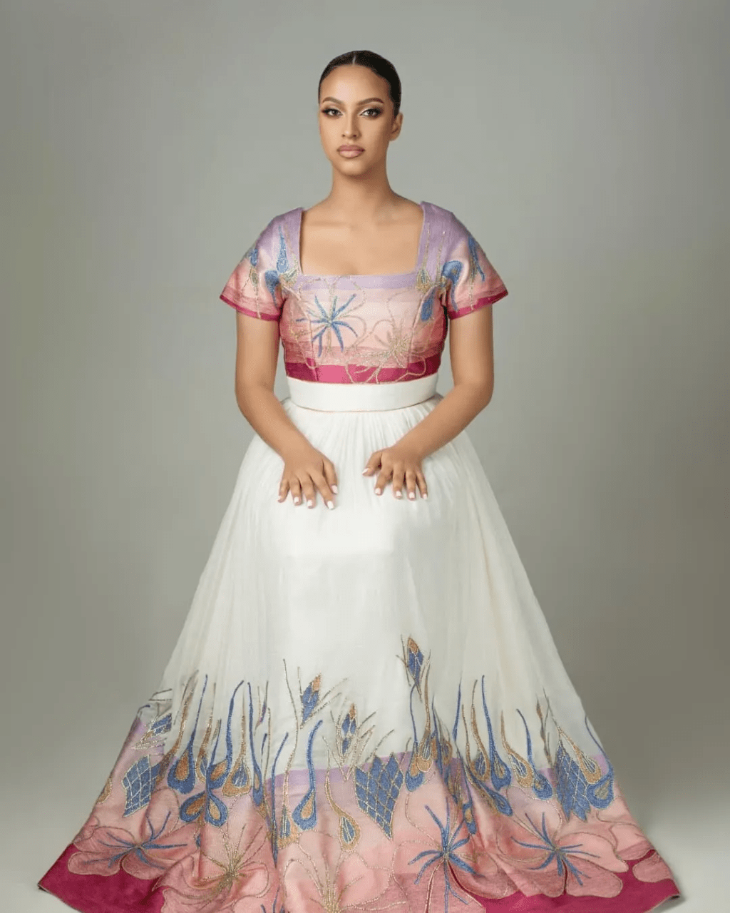 Gracious Pink Traditional Ethiopian Wedding Dress: Colorful Eye-catching Designs on Habesha Wedding Dress Stylish Eritrean Clothing