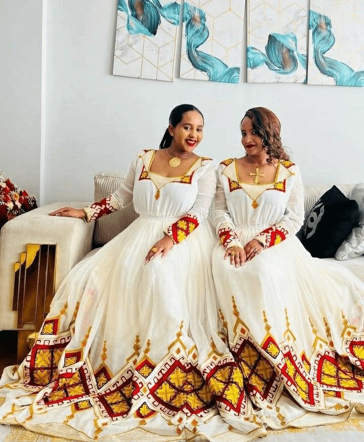 Flawless Craftsmanship on Yellow Habesha Dress: with Diamond Shaped Red Detailing Traditional Ethiopian Dress for Events Big and Small Habesha Kemis