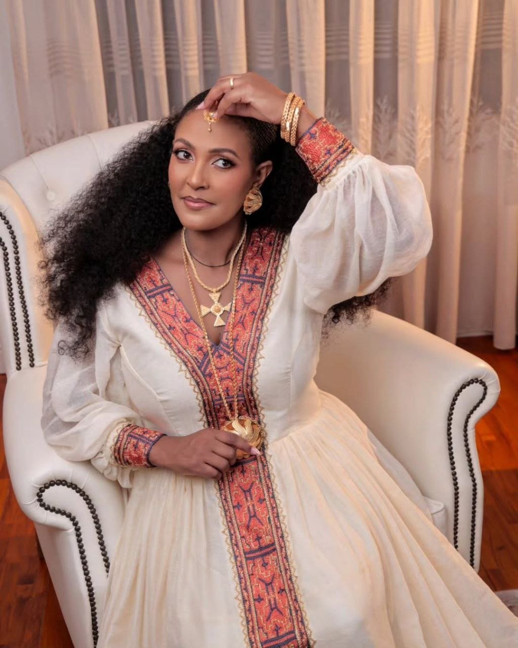 Elegant Traditional Ethiopian Dress with Pink Cross Embroidery β Habesha Clothing β Ethiopian Dress β Ethiopian Traditional Clothing