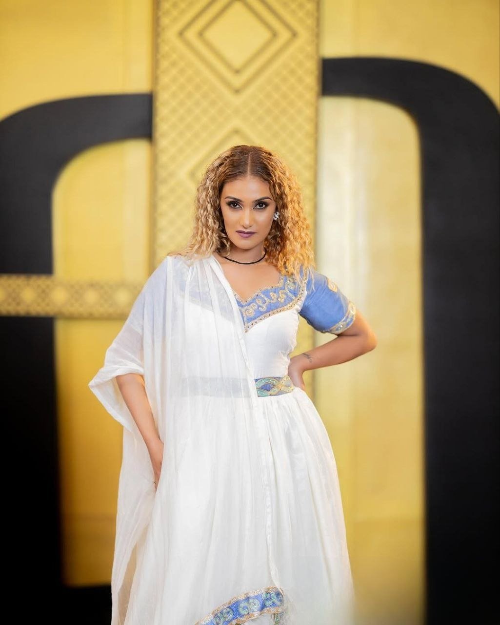 Elegant Habesha Dress with Blue Accents - Ethiopian Traditional Clothing - Eritrean Dress
