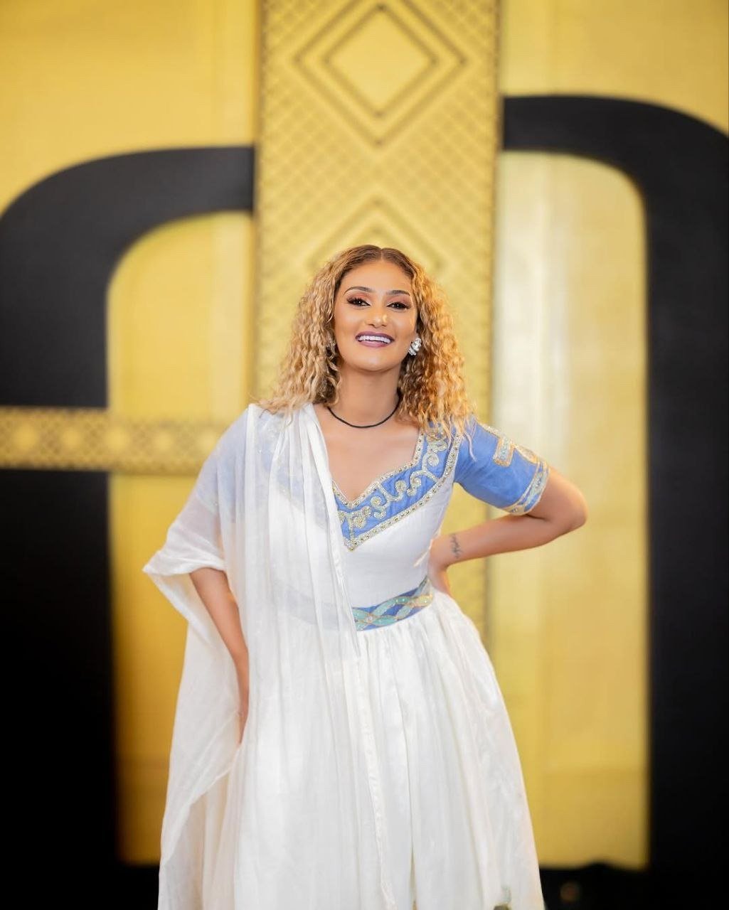 Elegant Habesha Dress with Blue Accents - Ethiopian Traditional Clothing - Eritrean Dress