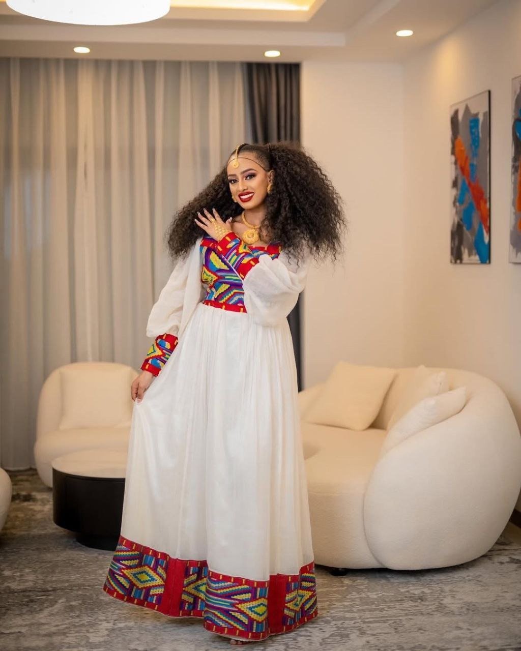 Modern Habesha Kemis with Colorful Geometric Accents – Habesha Dress – Eritrean Dress
