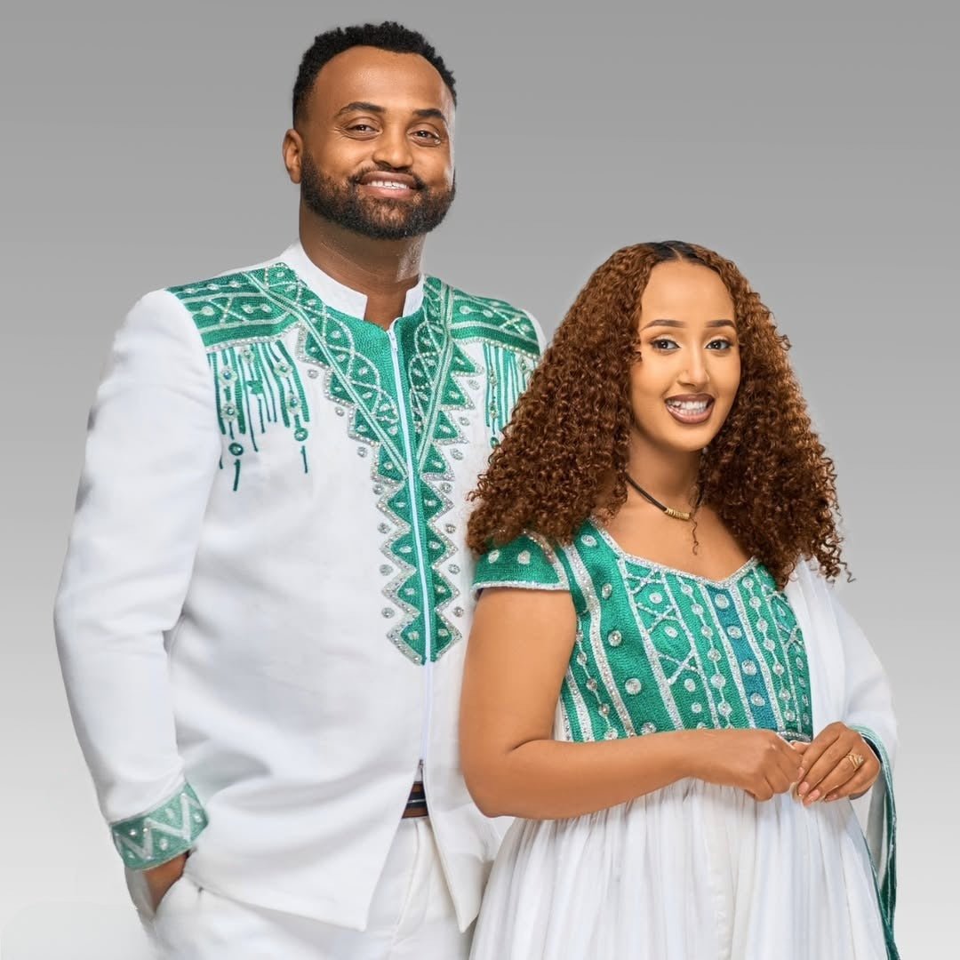 Matching Habesha Wedding Attire for Couples Eritrean Zuria with Green Accents