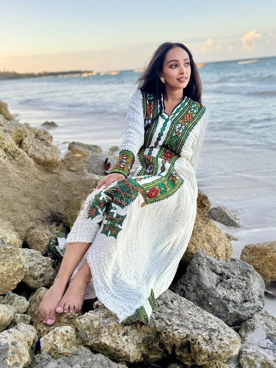 Green Embroidered Habesha Kemis Authentic Ethiopian Traditional Dress