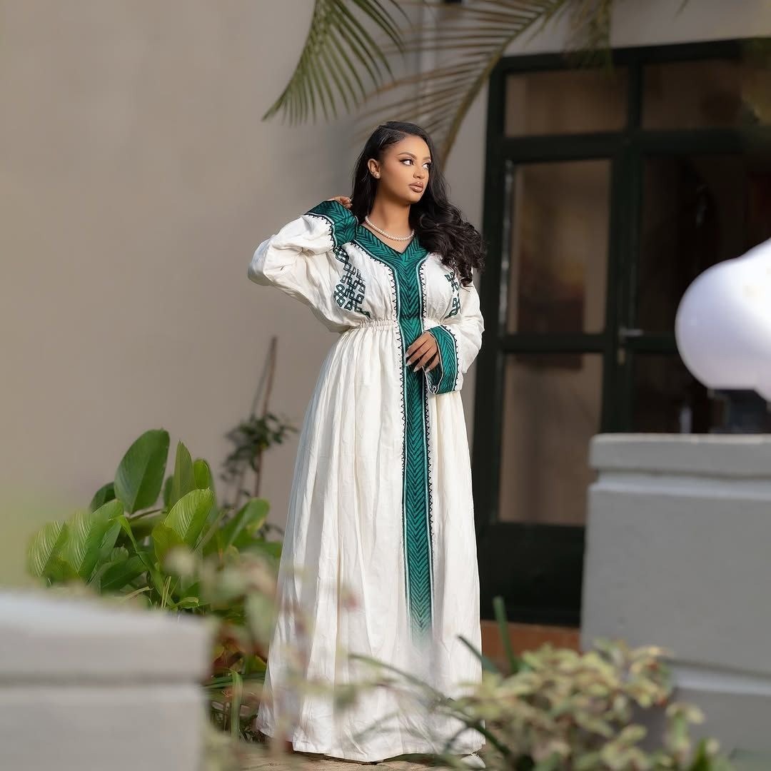 Classic Habesha Kemis with Emerald Green Embroidery Cultural Ethiopian Dress