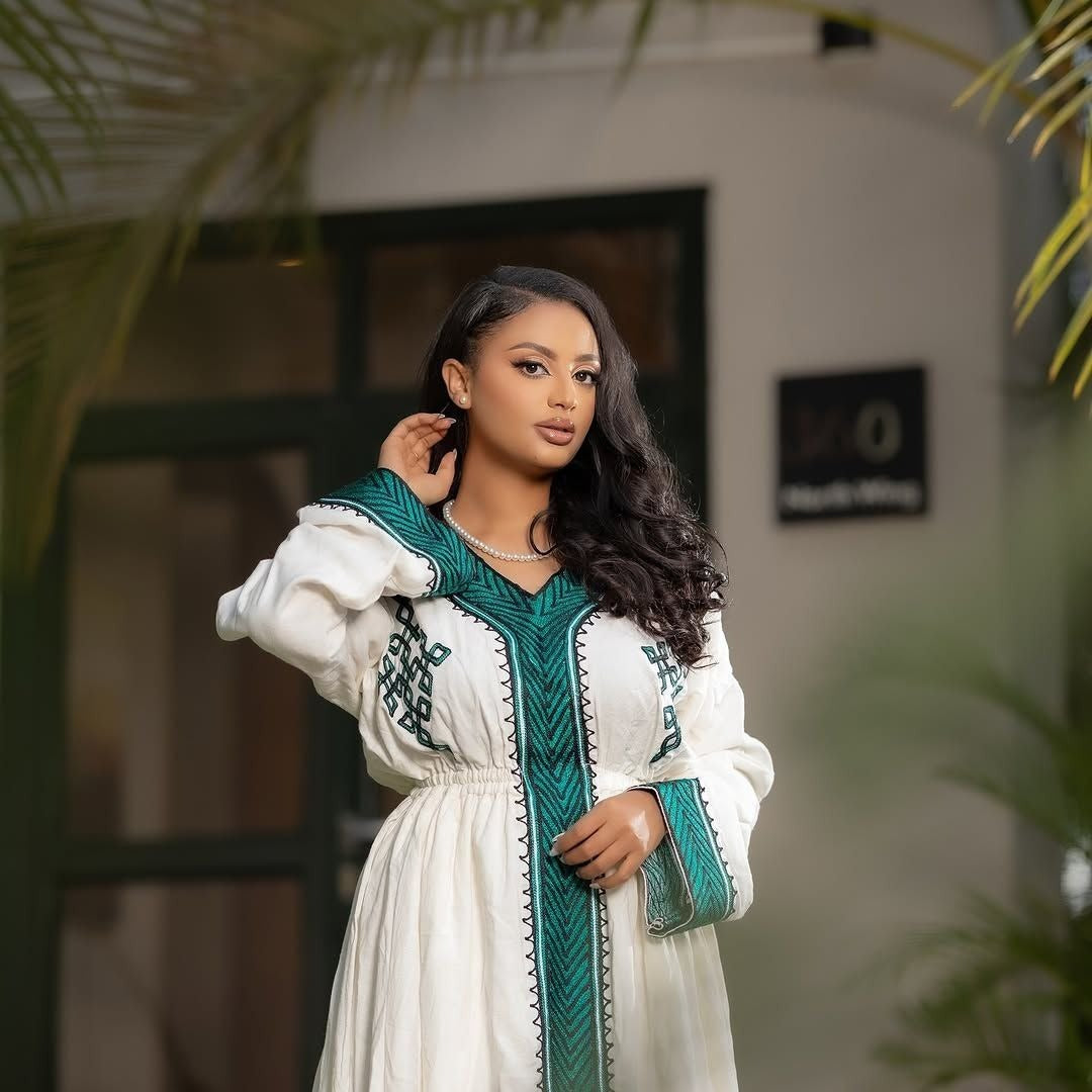 Classic Habesha Kemis with Emerald Green Embroidery Cultural Ethiopian Dress