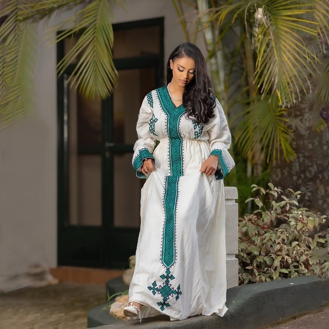 Classic Habesha Kemis with Emerald Green Embroidery Cultural Ethiopian Dress
