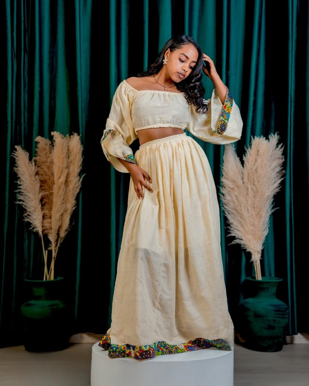 Chic Habesha Crop Top & Skirt Set Contemporary Ethiopian Dress with Multi-Color Trim