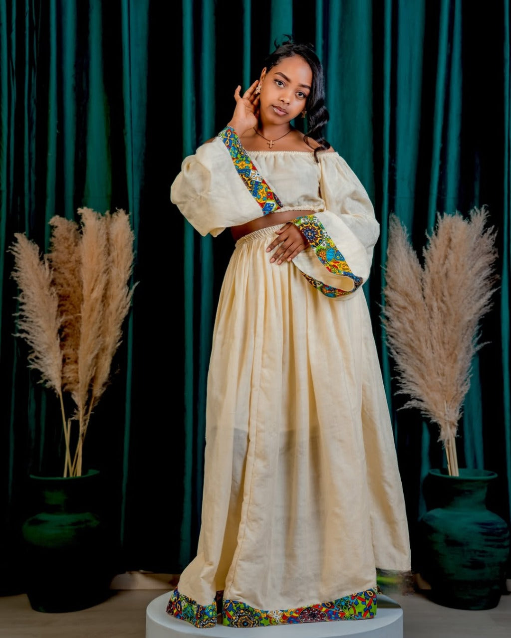 Chic Habesha Crop Top & Skirt Set Contemporary Ethiopian Dress with Multi-Color Trim