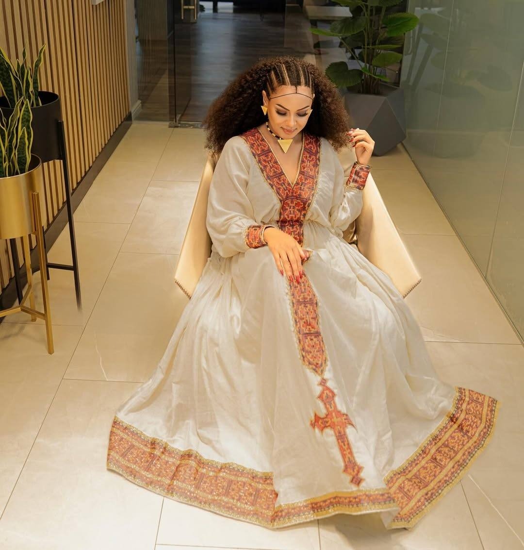 Exquisite White Habesha Kemis with Gold & Brown embroidery – Ethiopian Cultural Dress
