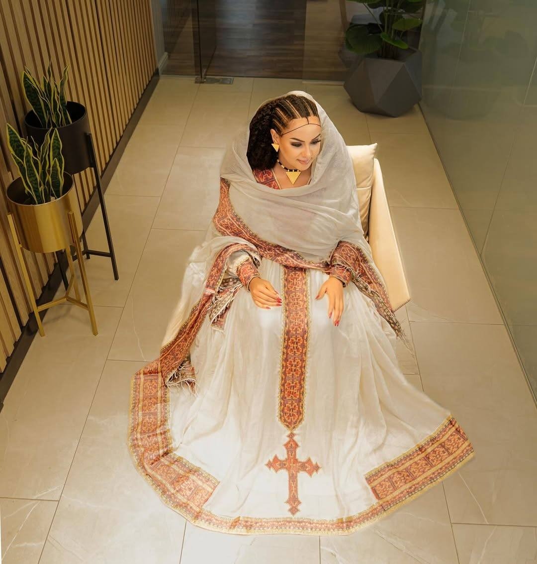 Exquisite White Habesha Kemis with Gold & Brown embroidery – Ethiopian Cultural Dress