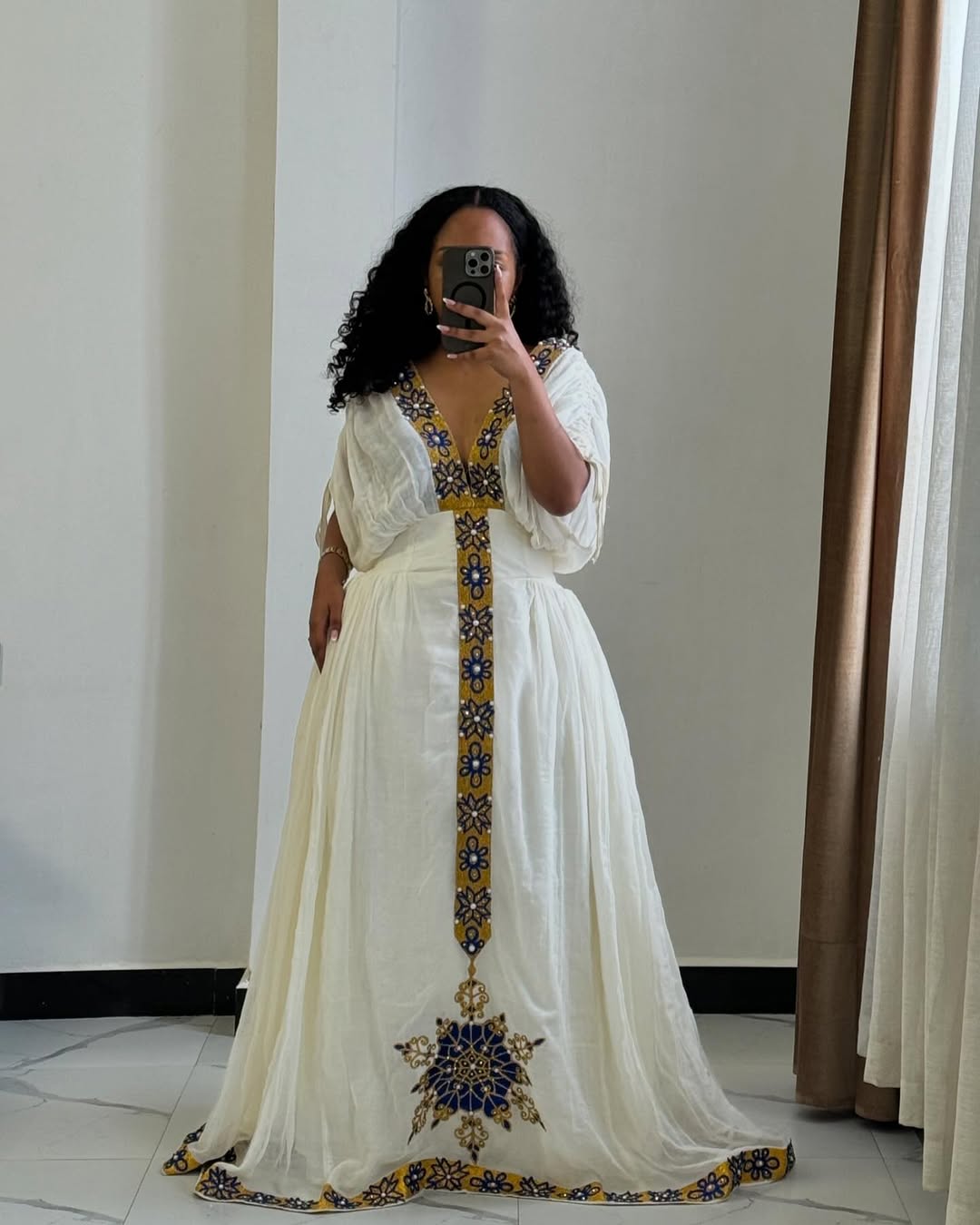 Elegant Habesha Kemis with Blue and Gold Embroidery – Habesha Dress – Ethiopian Traditional Clothing