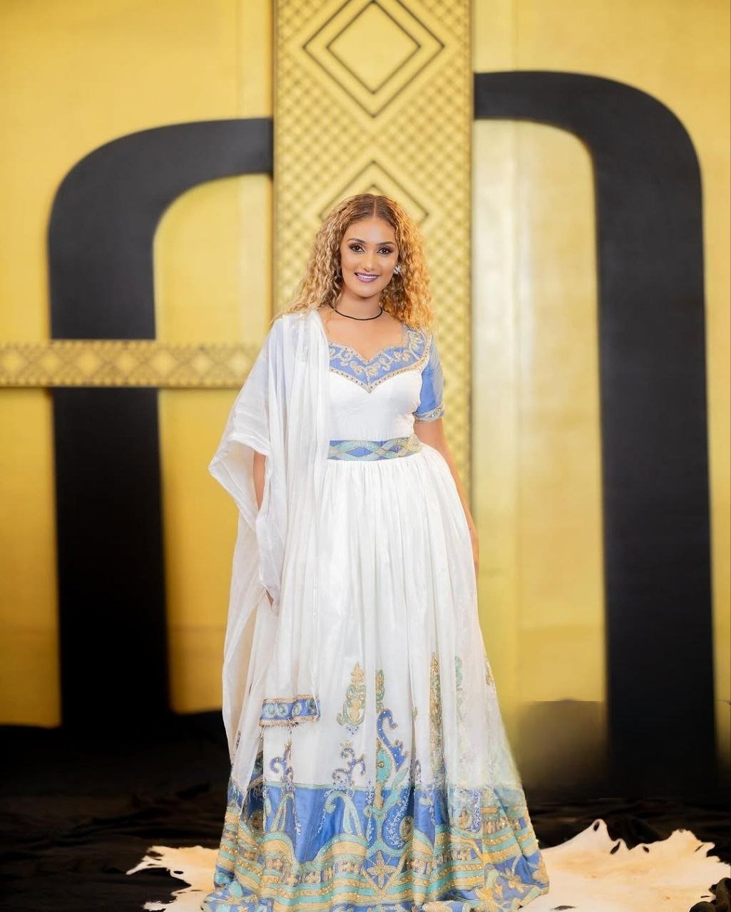 Elegant Habesha Dress with Blue Accents - Ethiopian Traditional Clothing - Eritrean Dress