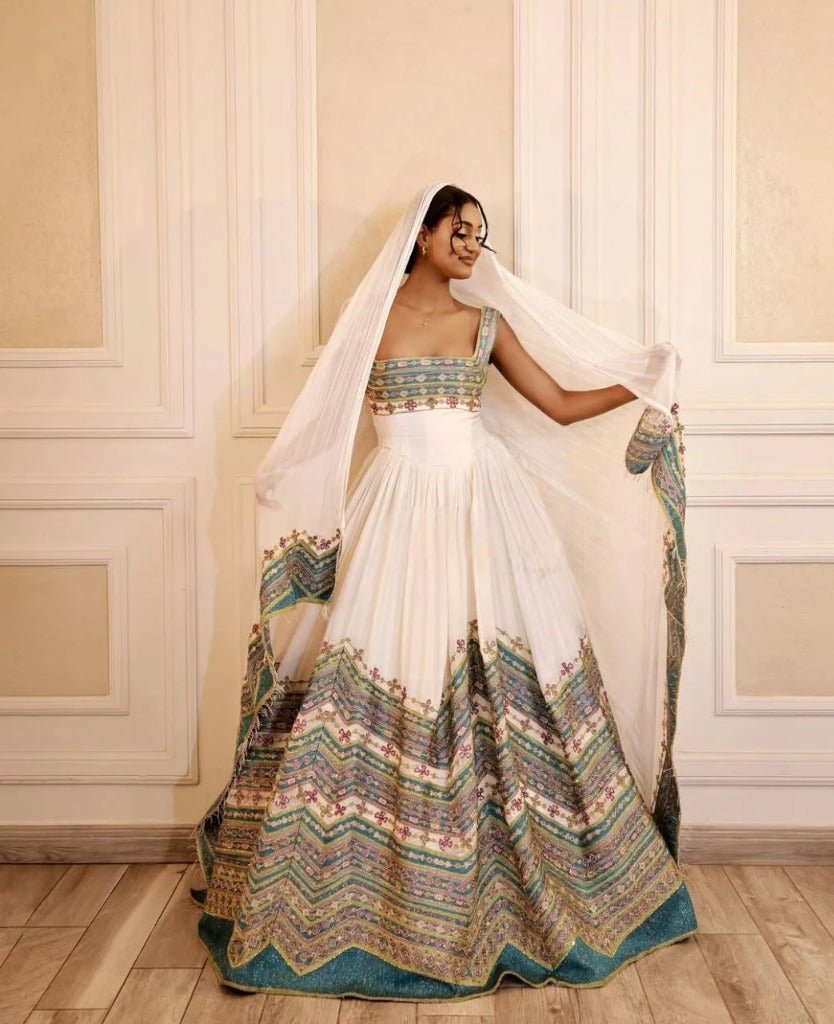 Exquisite Ethiopian Wedding Dress with Colorful Embroidery