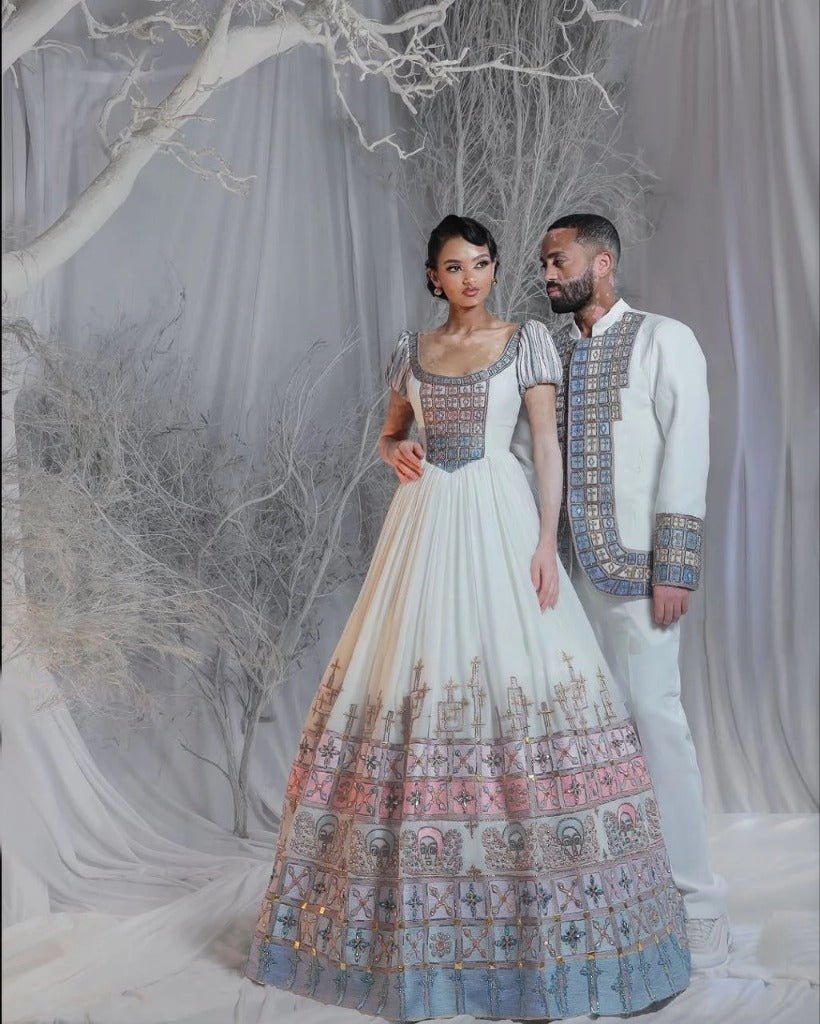 Glamorous Habesha Kemis with Pink Accents for Bride and Groom – Habesha Wedding Dress – Cultural Dress – Zuriya