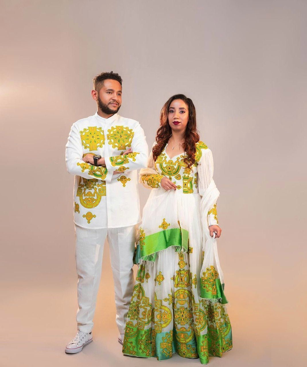 Harmony in Hues: Vibrant Yellow and Green Ethiopian Couples Ensemble Habesha couple's outfit
