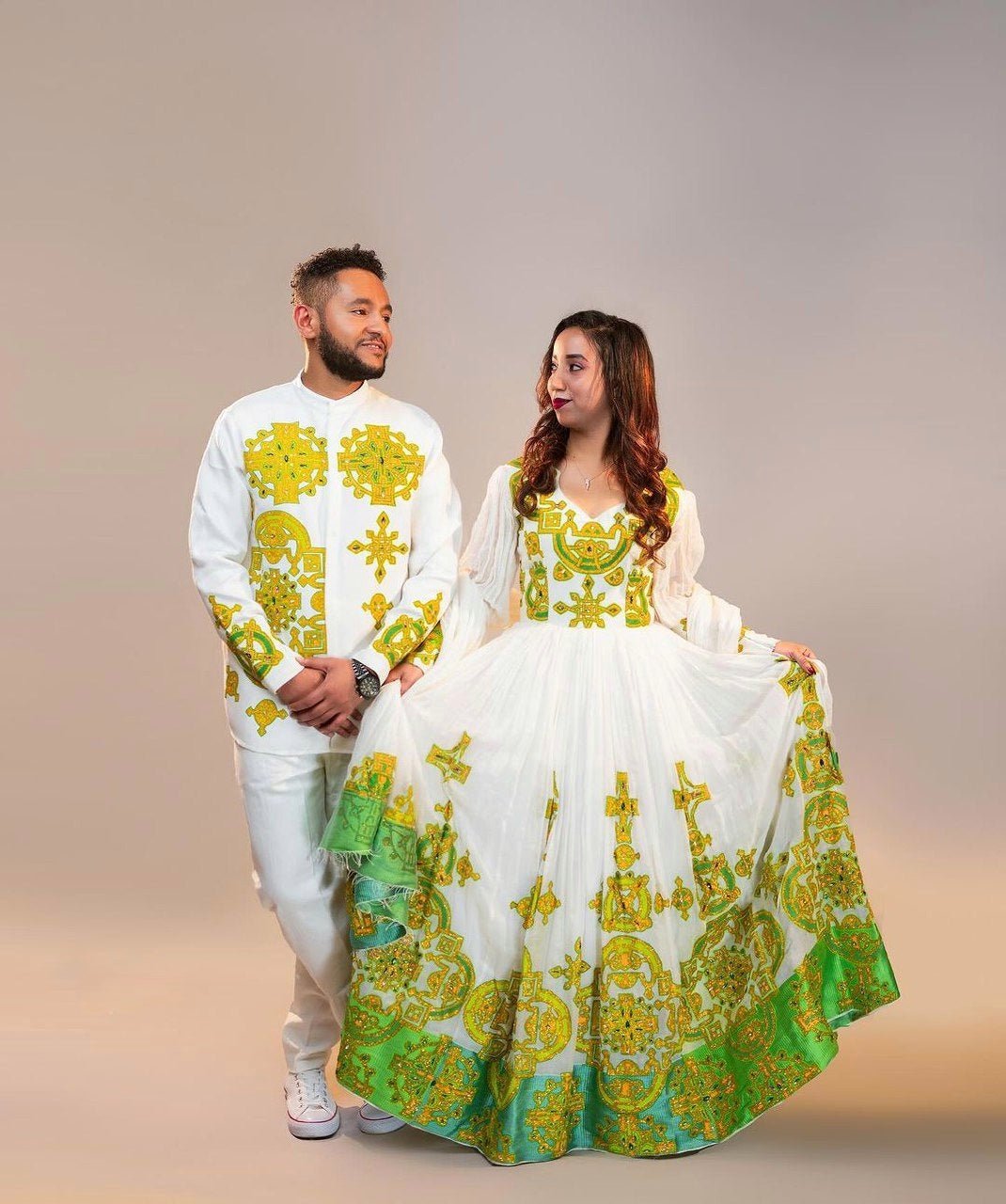 Harmony in Hues: Vibrant Yellow and Green Ethiopian Couples Ensemble Habesha couple's outfit