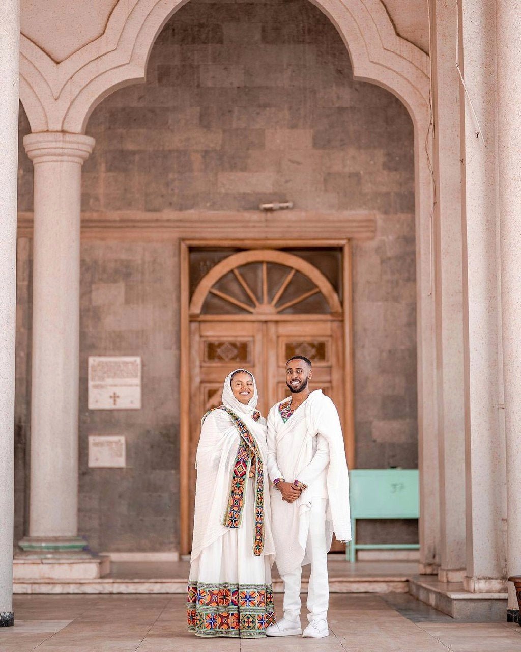 Modern vibrant habesha couples outfit simple multi-colored Ethiopian couples outfit