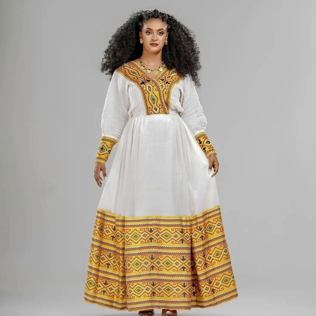 Elegant Golden Yellow Habesha Dress Modern Habesha Kemis Ethiopian Dress Style Traditional Habesha Libs