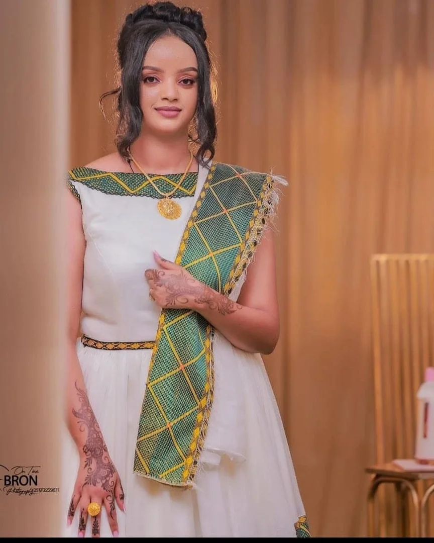 Green Wide Tilet Habesha Dress Modern Habesha Kemis Ethiopian Dress Style Traditional Habesha Libs