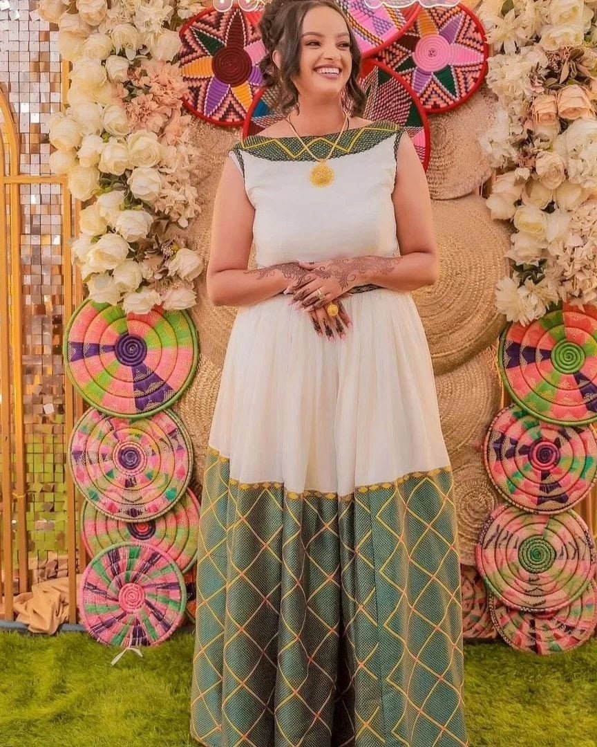 Green Wide Tilet Habesha Dress Modern Habesha Kemis Ethiopian Dress Style Traditional Habesha Libs