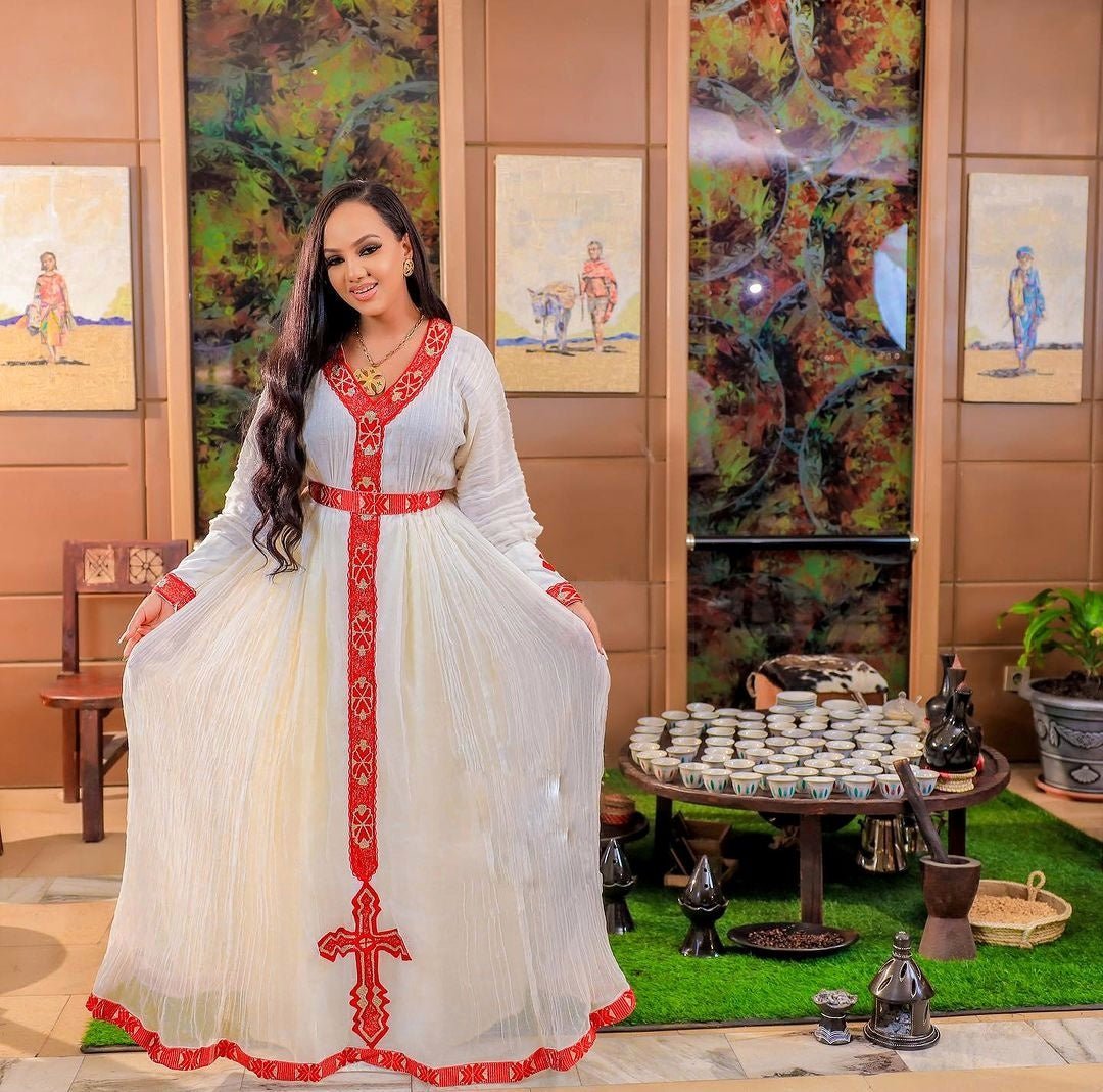 Simple Red Tilet Design Habesha Dress Modern Habesha Kemis Ethiopian Dress Style Traditional Habesha Libs