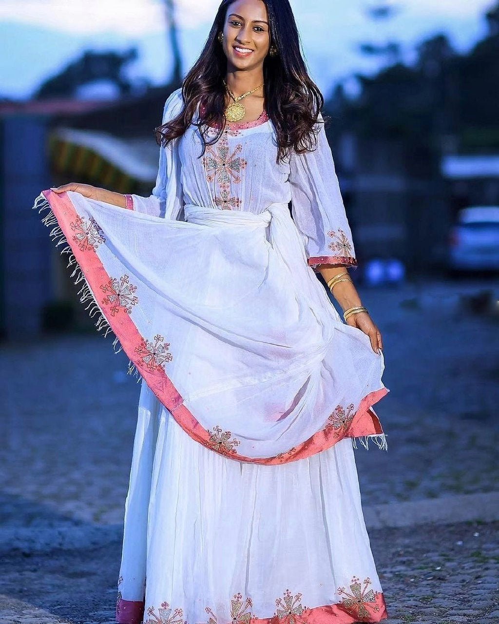 simple habesha dress design Modern & Elegant Habesha Dress Traditional Ethiopian Kemis with pink Tibeb Embroidery