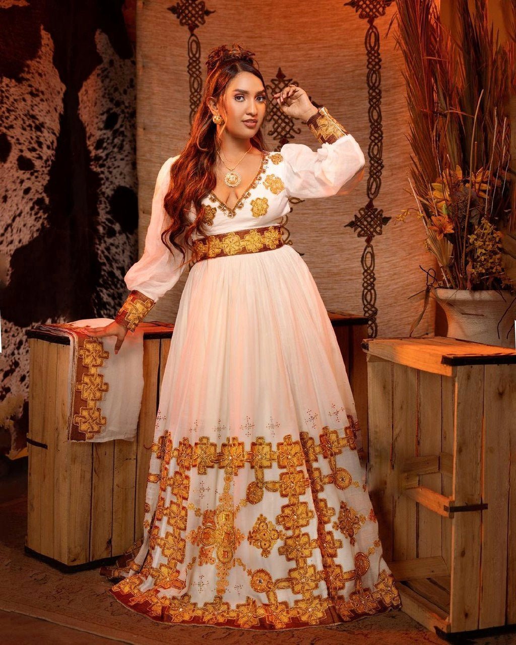 Shimmering Modern Ethiopian Dress Habesha Dress in Brown and Gold Colors