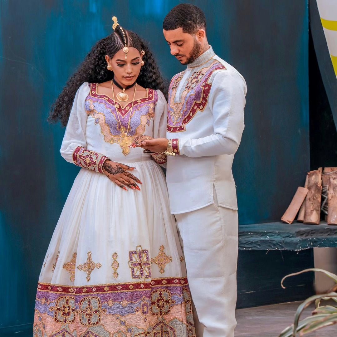 Gorgeous Habesha Wedding Dress Beaded Ethiopian Couples Outfit