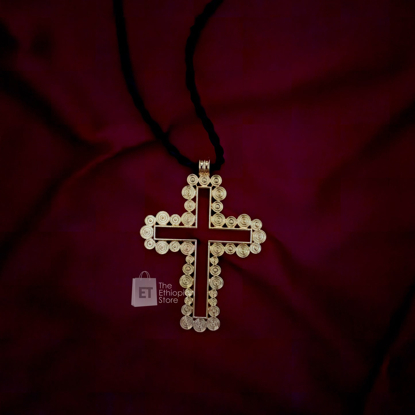 Golden Color Ethioipan Cross Necklace: with Black Thread as Chain Habesha Golden Color Necklace