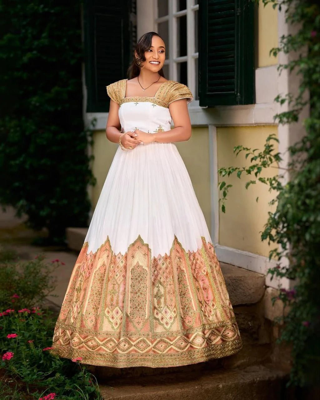 Stunning Traditional Ethiopian Dress with Exquisite Gold and Warm Tone Embroidery for Weddings