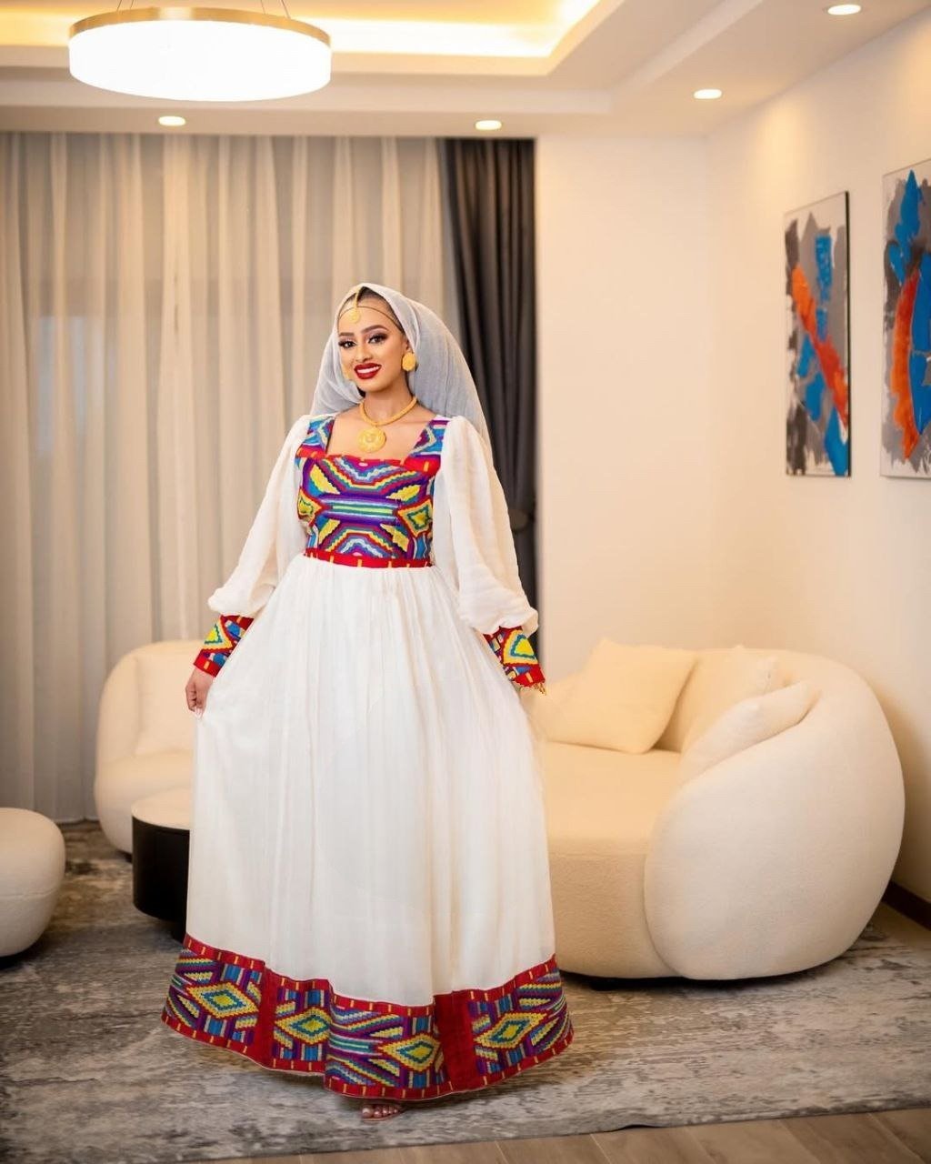 Modern Habesha Kemis with Colorful Geometric Accents – Habesha Dress – Eritrean Dress
