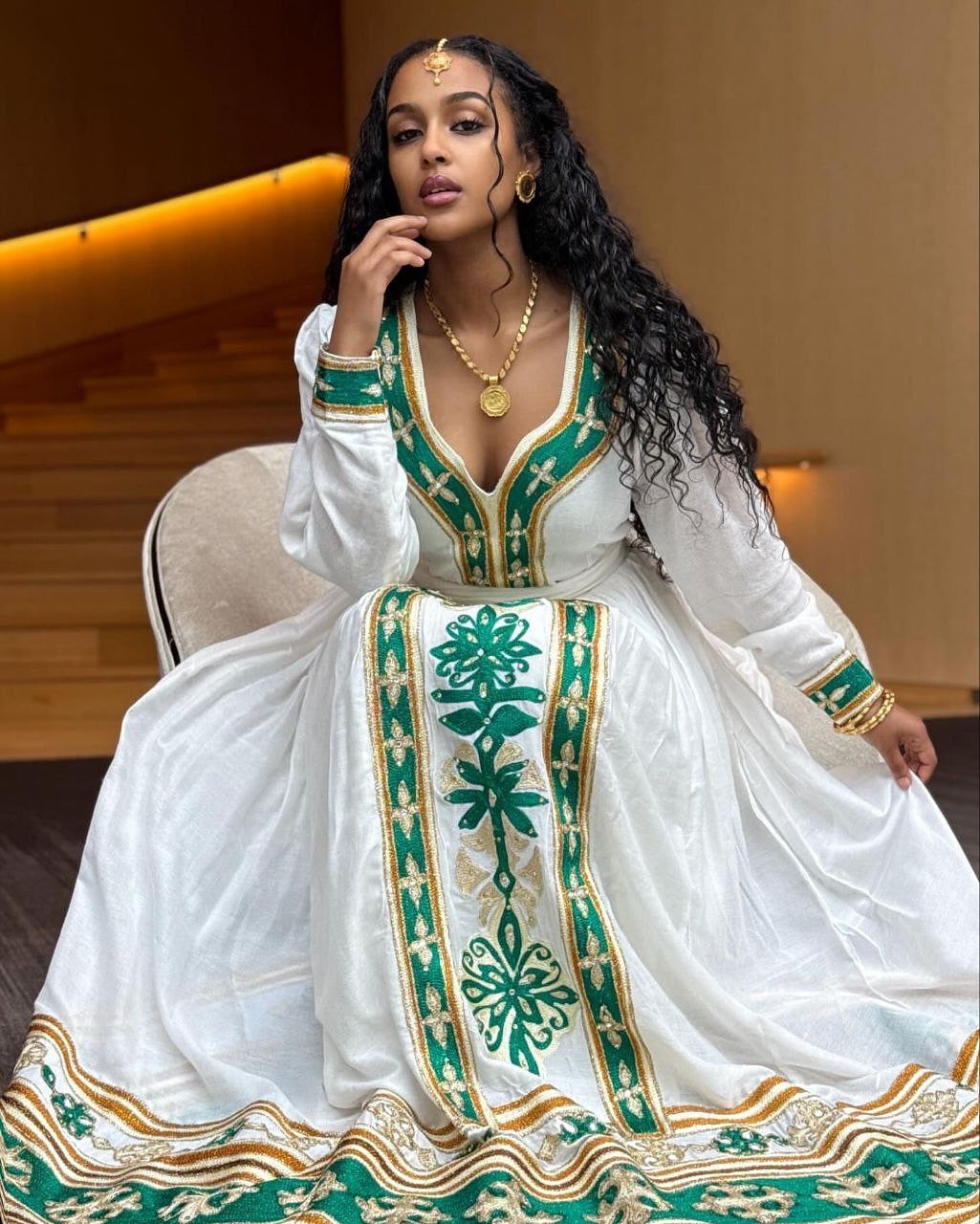 Stylish Habesha Kemis with Green and Gold Embroidery β Eritrean Dress β Eritrean Traditional Clothing