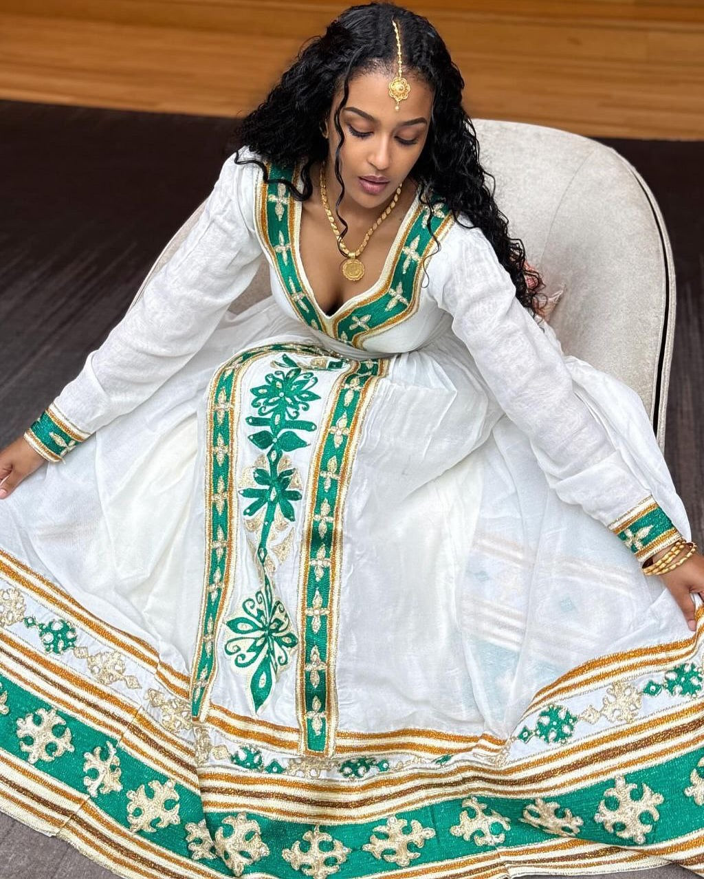 Stylish Habesha Kemis with Green and Gold Embroidery β Eritrean Dress β Eritrean Traditional Clothing